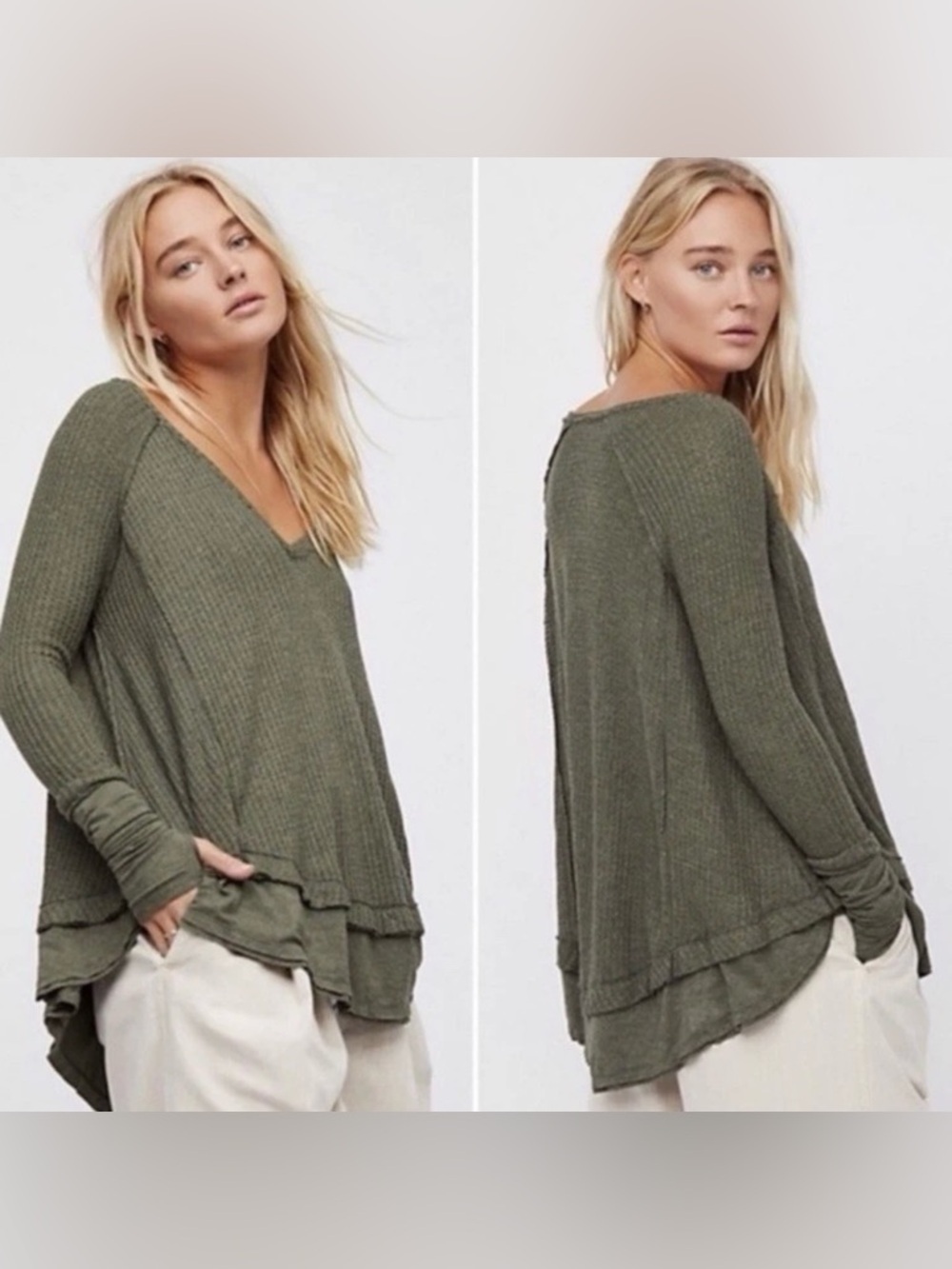 We the Free People Laguna Thermal Top Womens Large Waffle Knit Oversized Boho